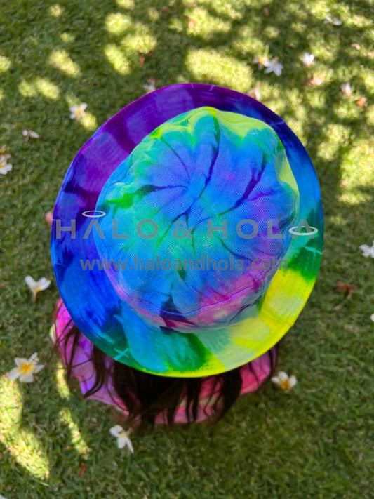 Tie-Dye Bucket Hat In Blue Yellow Green And Purple.