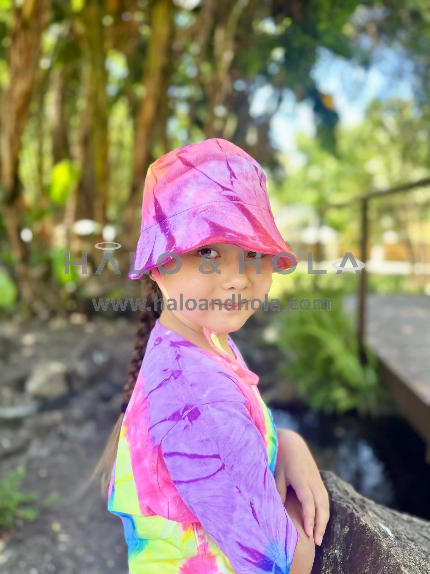 Tie-Dye Bucket Hat In Pink Yellow And Purple.