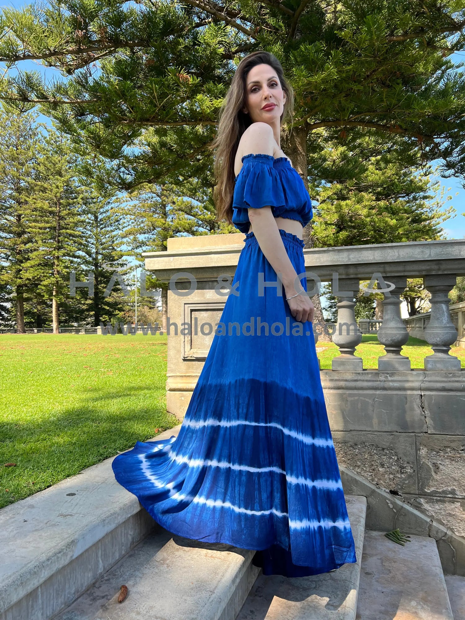 Tie-Dye Off Shoulder Crop Top With Maxi Skirt Set 100% Rayon / Dark Blue Ocean