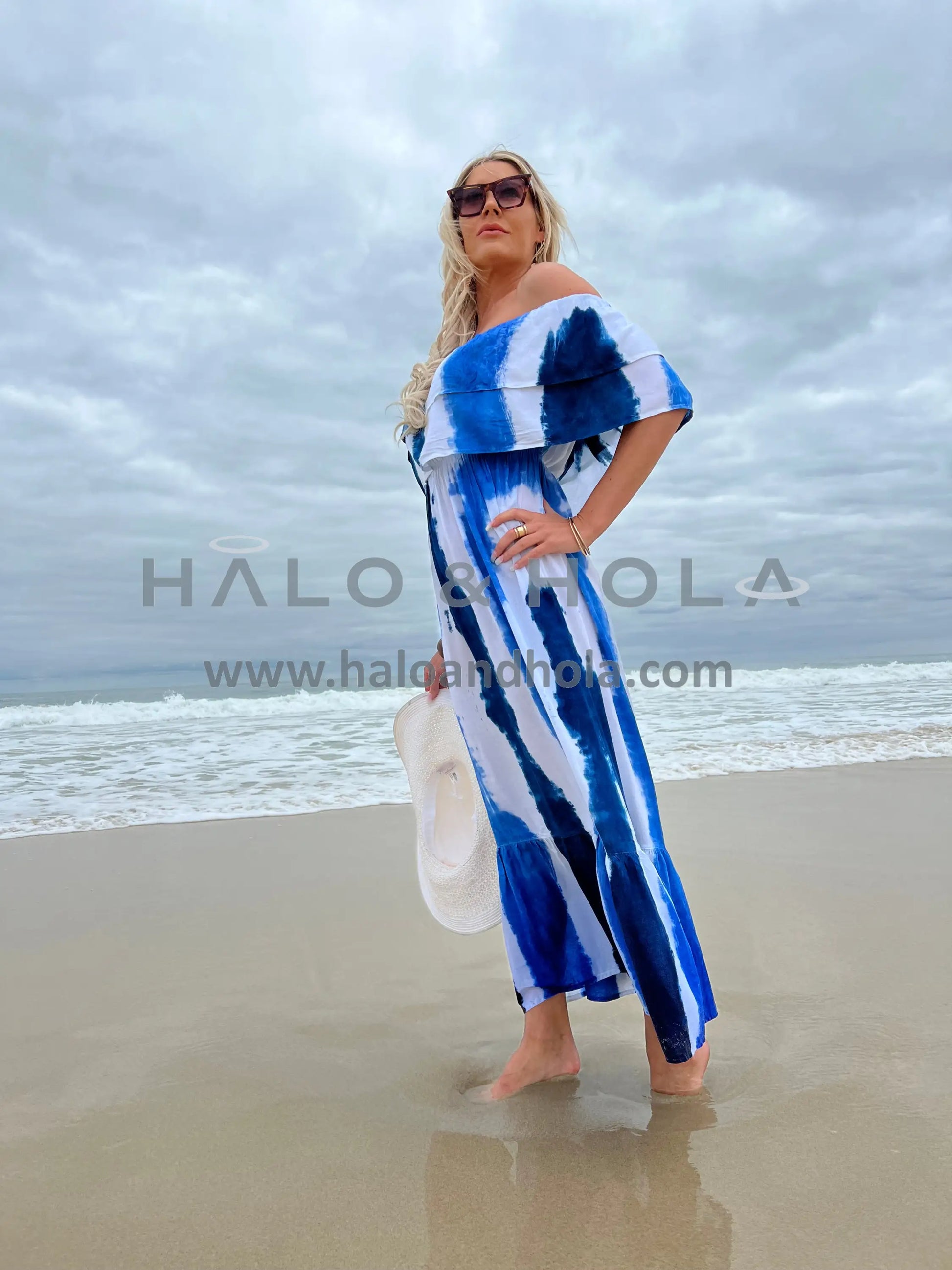 Tie-Dye Off Shoulder Maxi Dress 100% Rayon / Blue And White Horizontal