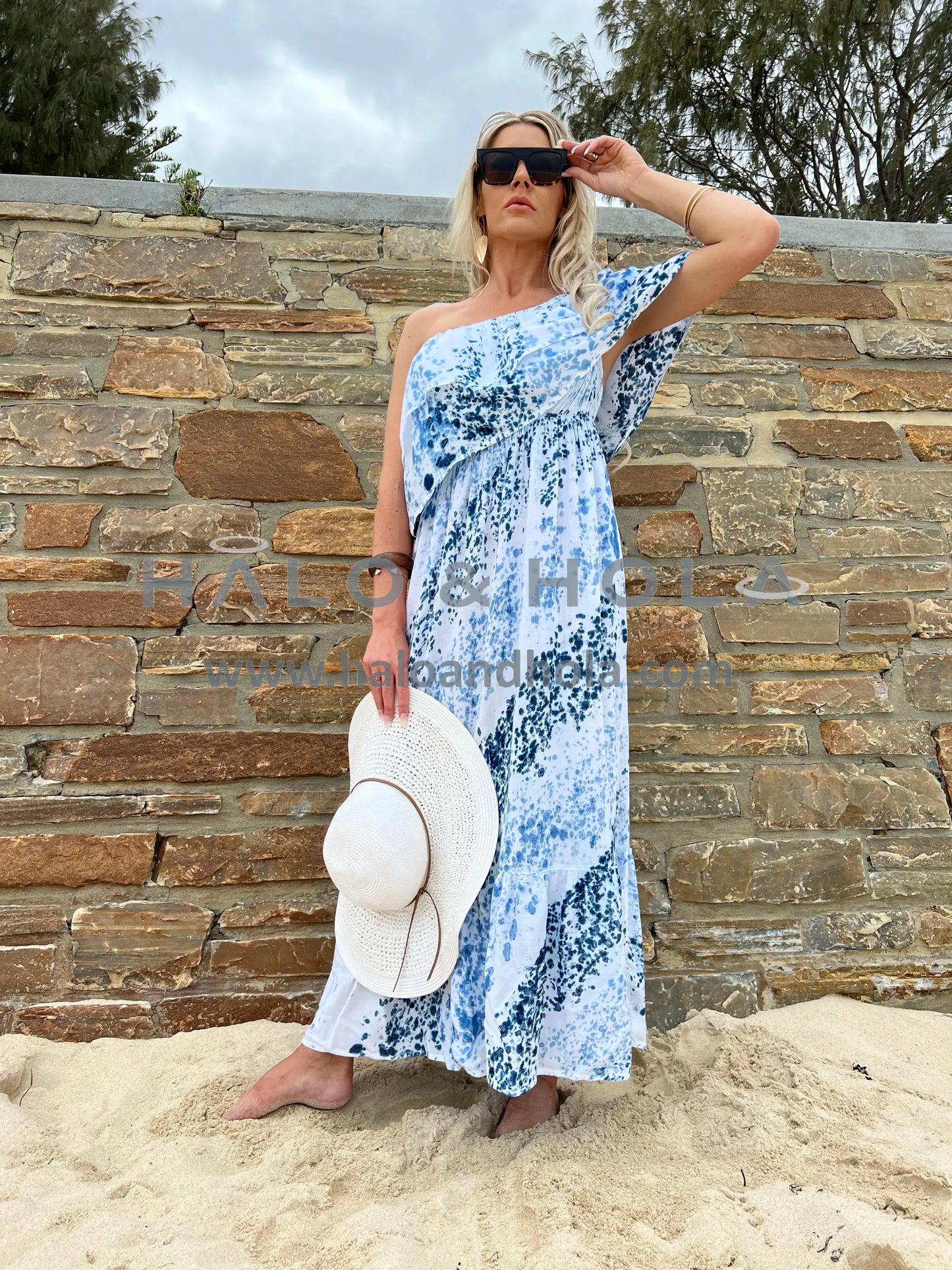 Tie-Dye Off Shoulder Maxi Dress 100% Rayon / Cloudy Sky