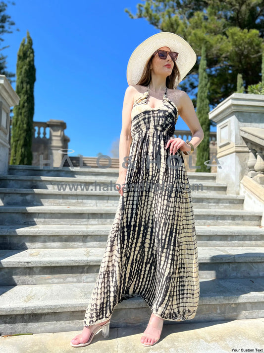 Tie-Dye V-Neck Maxi Dress Tie At Neck Straps With Elasticated Smock Back In Black