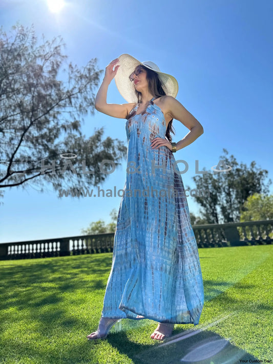 Tie-Dye V-Neck Maxi Dress Tie At Neck Straps With Elasticated Smock Back In Blue