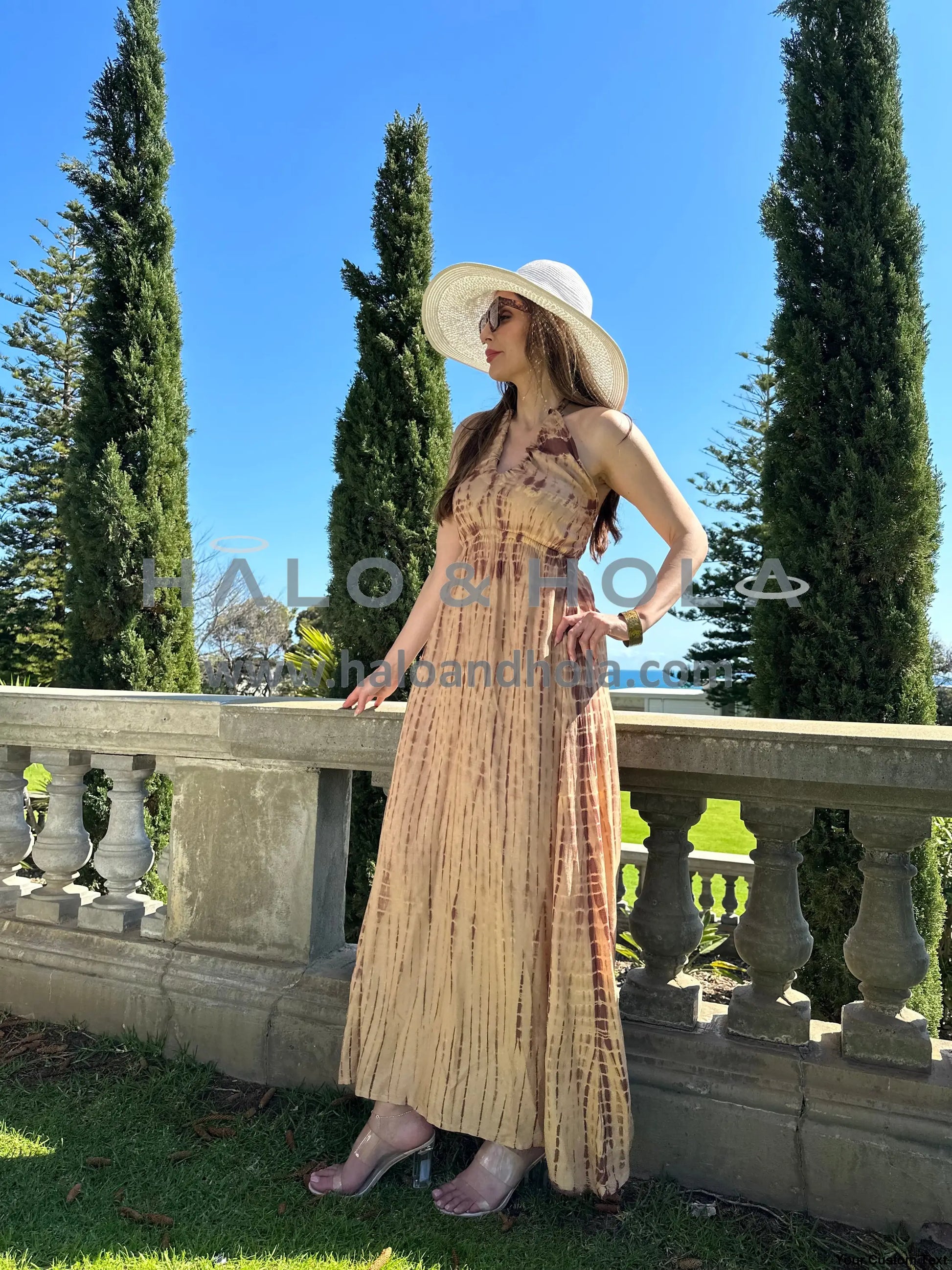 Tie-Dye V-Neck Maxi Dress Tie At Neck Straps With Elasticated Smock Back In Brown