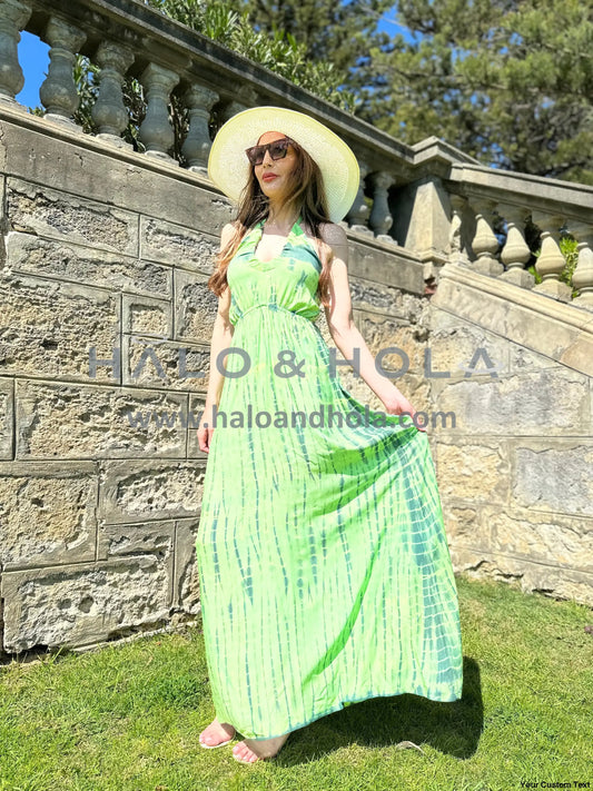 Tie-Dye V-Neck Maxi Dress Tie At Neck Straps With Elasticated Smock Back In Green