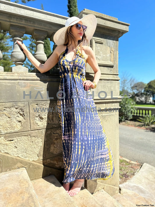 Tie-Dye V-Neck Maxi Dress Tie At Neck Straps With Elasticated Smock Back In Navy