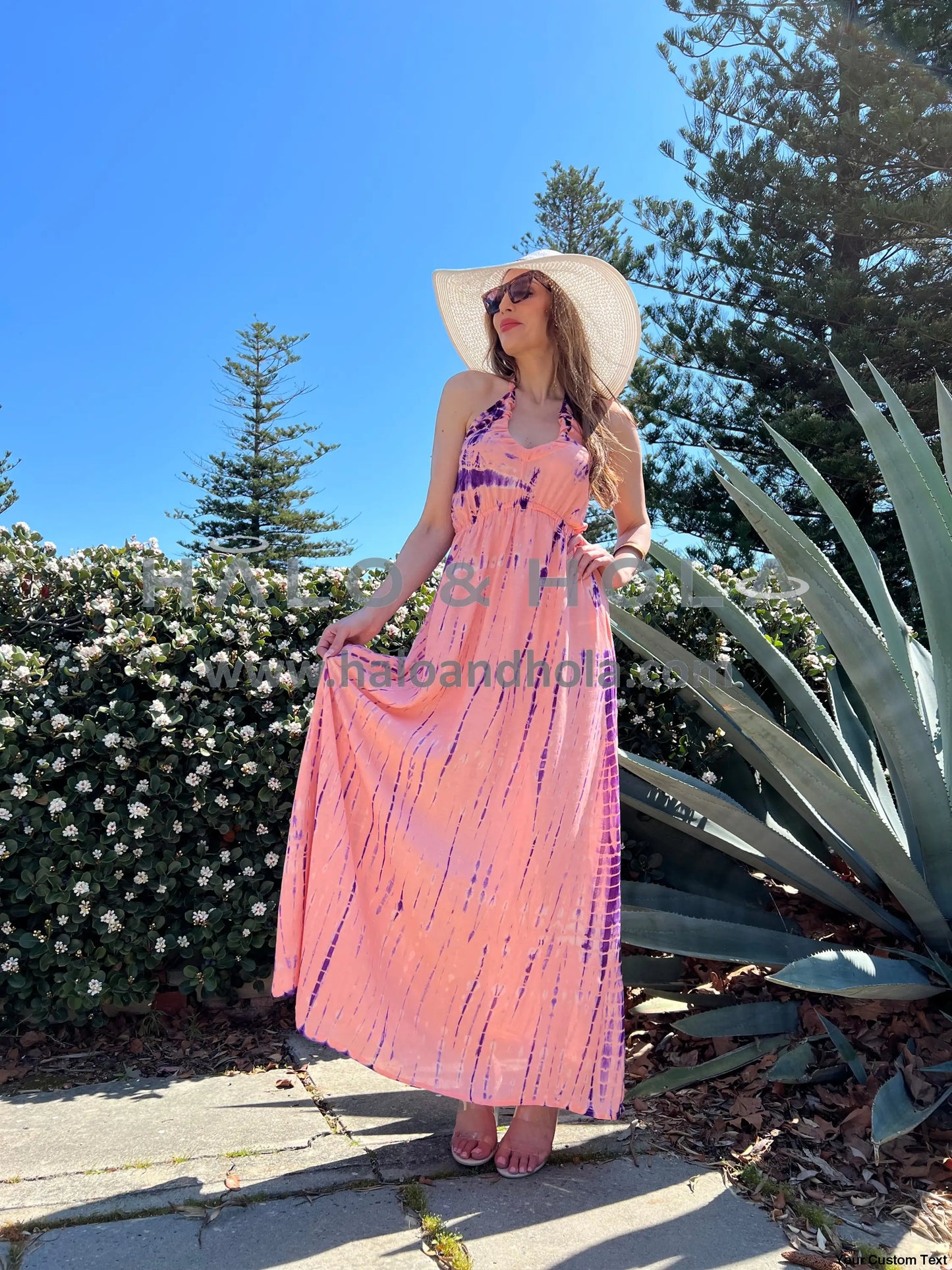 Tie-Dye V-Neck Maxi Dress Tie At Neck Straps With Elasticated Smock Back In Peach