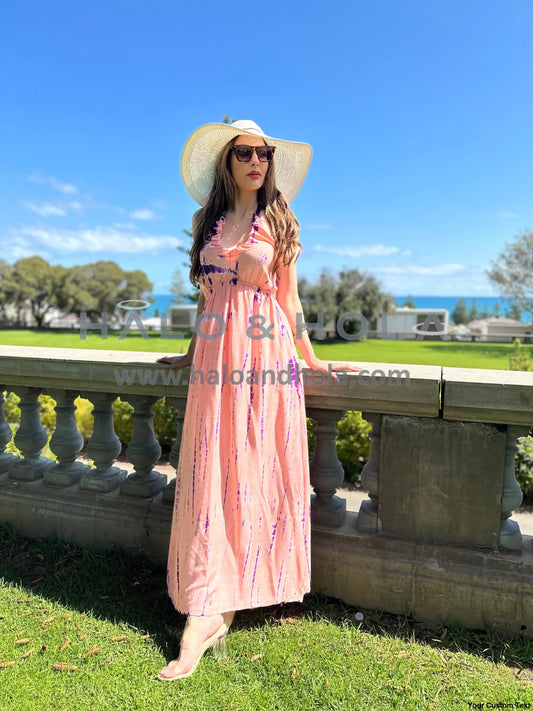 Tie-Dye V-Neck Maxi Dress Tie At Neck Straps With Elasticated Smock Back In Peach