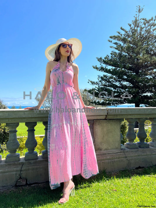 Tie-Dye V-Neck Maxi Dress Tie At Neck Straps With Elasticated Smock Back In Pink