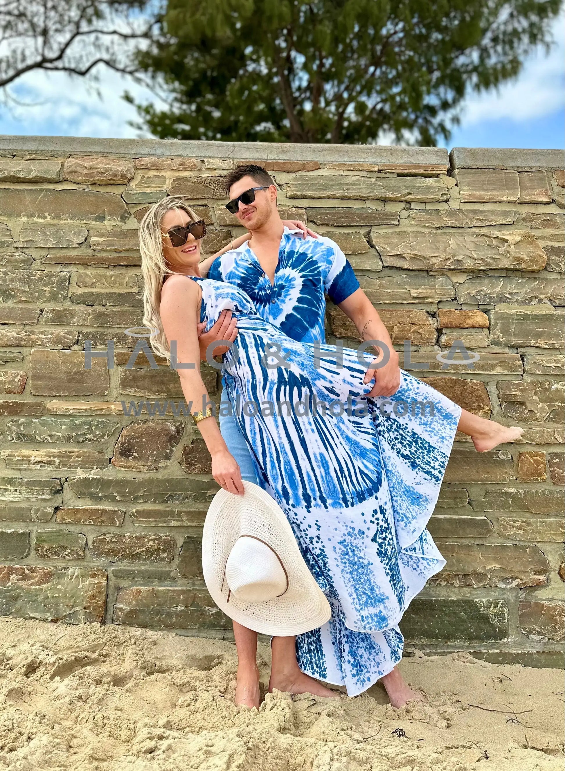 Tie Dye V-Neck Maxi Dress In Blue And White Ocean Waves