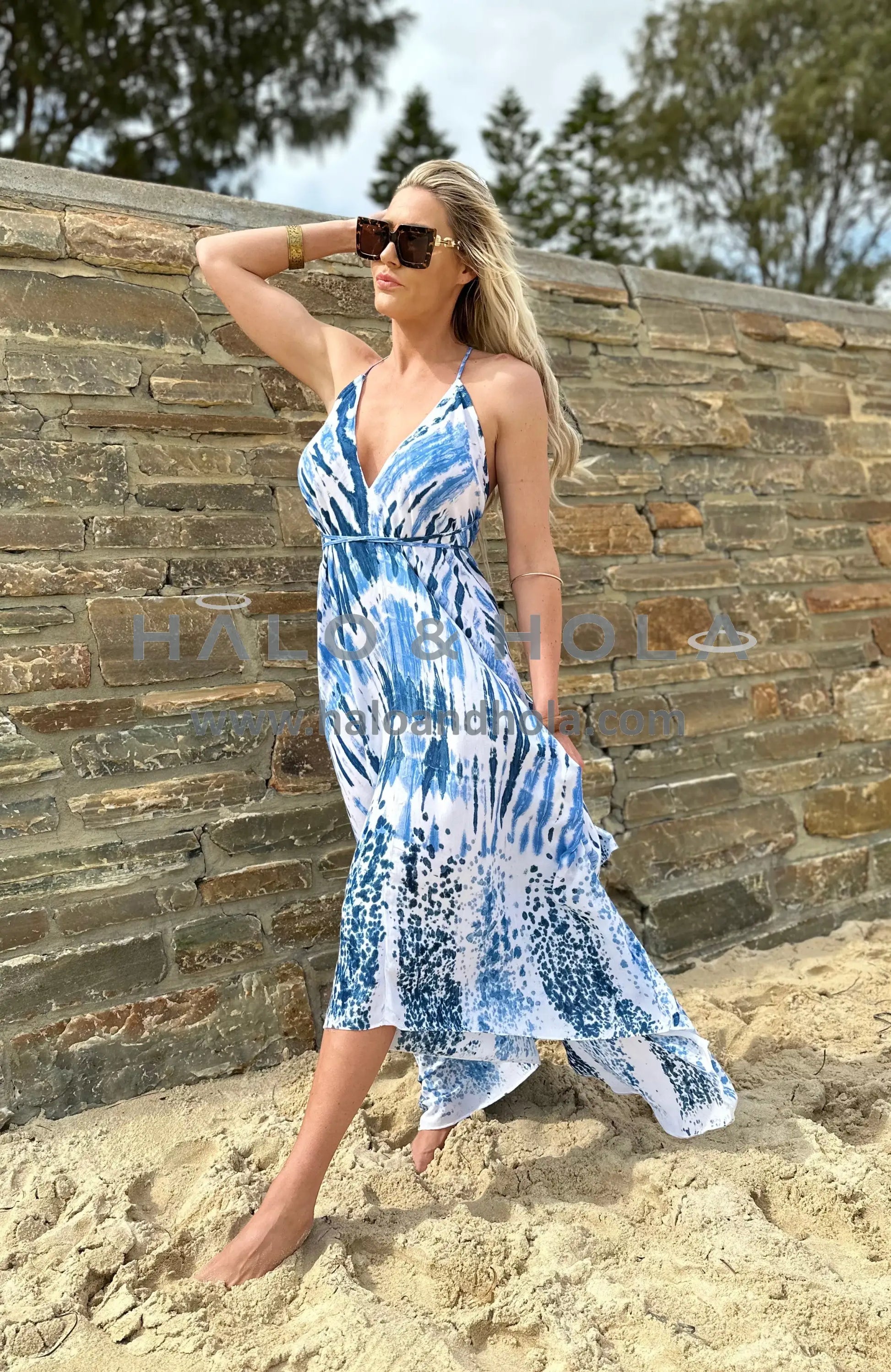 Tie Dye V-Neck Maxi Dress In Blue And White Ocean Waves