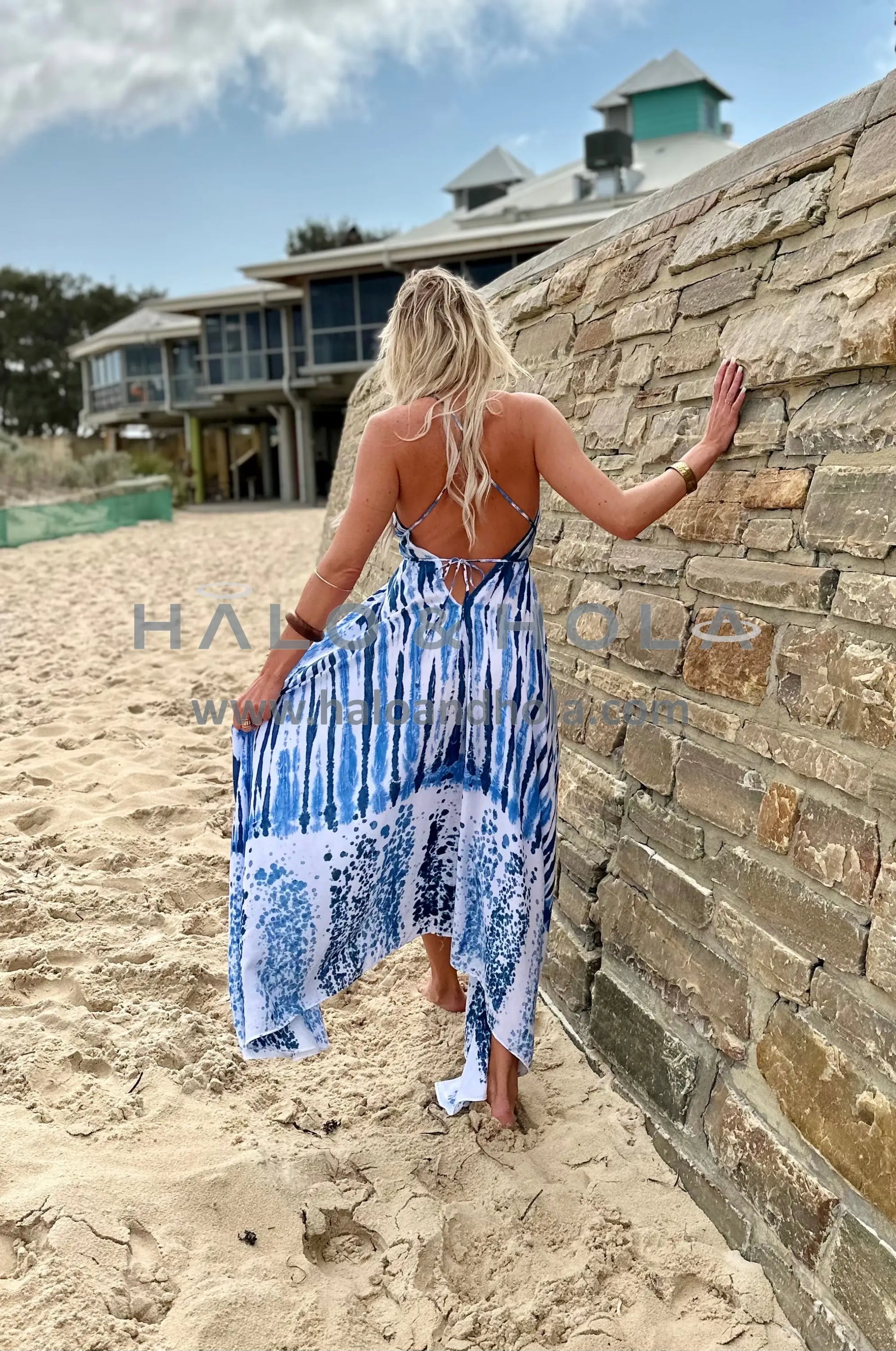 Tie Dye V-Neck Maxi Dress In Blue And White Ocean Waves