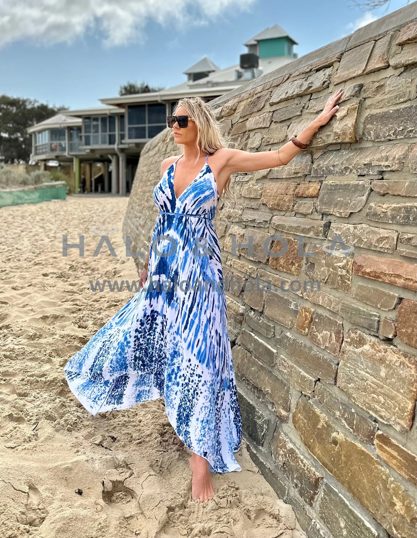 Tie Dye V-Neck Maxi Dress In Blue And White Ocean Waves