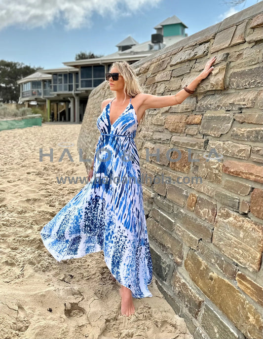 Tie Dye V-Neck Maxi Dress In Blue And White Ocean Waves