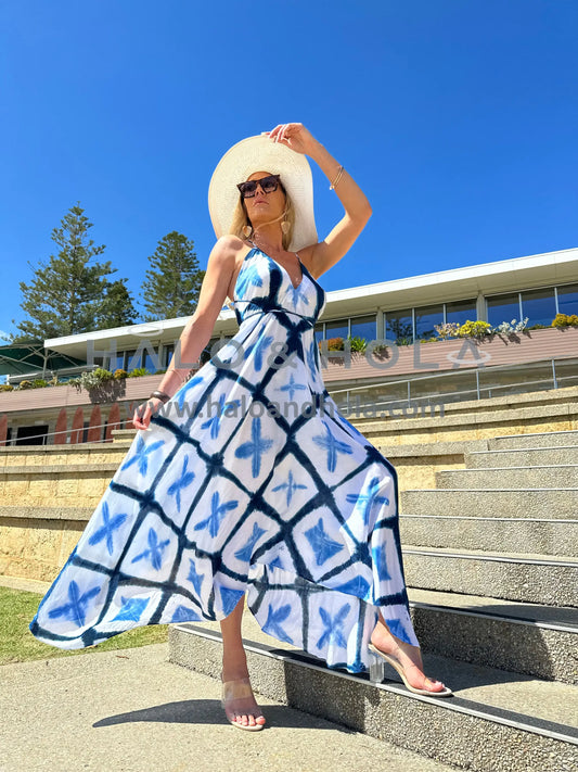 Tie-Dye V-Neck Maxi Dress In White With Blue Squares 100% Rayon /