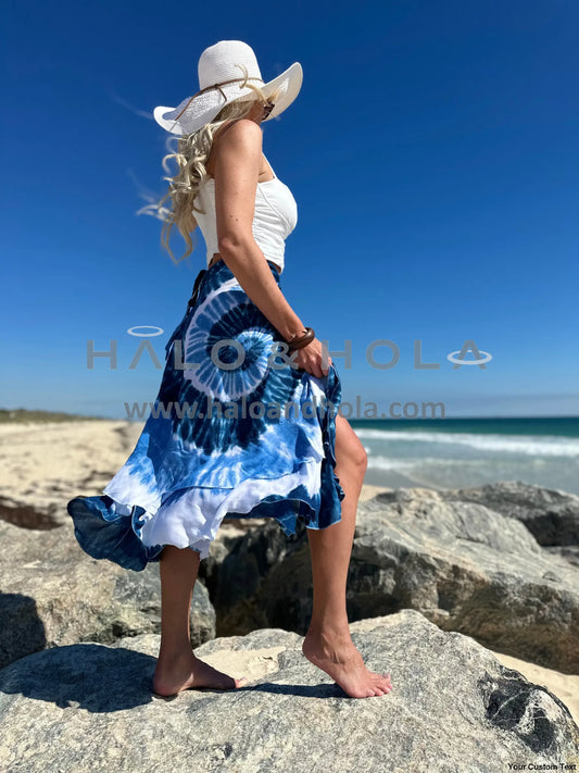 Tie-Dye Wrap Skirt With Fabric Ties At Waist In Blue And White Spiral Swirl