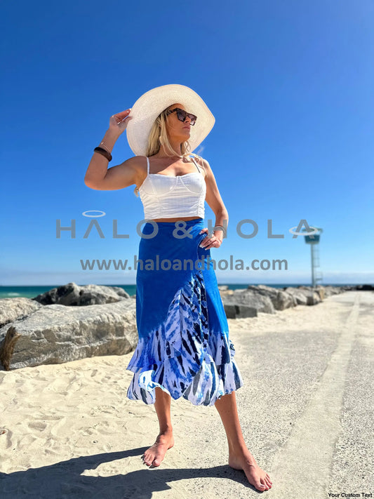 Tie-Dye Wrap Skirt With Fabric Ties At Waist In Blue Ocean And White Waves