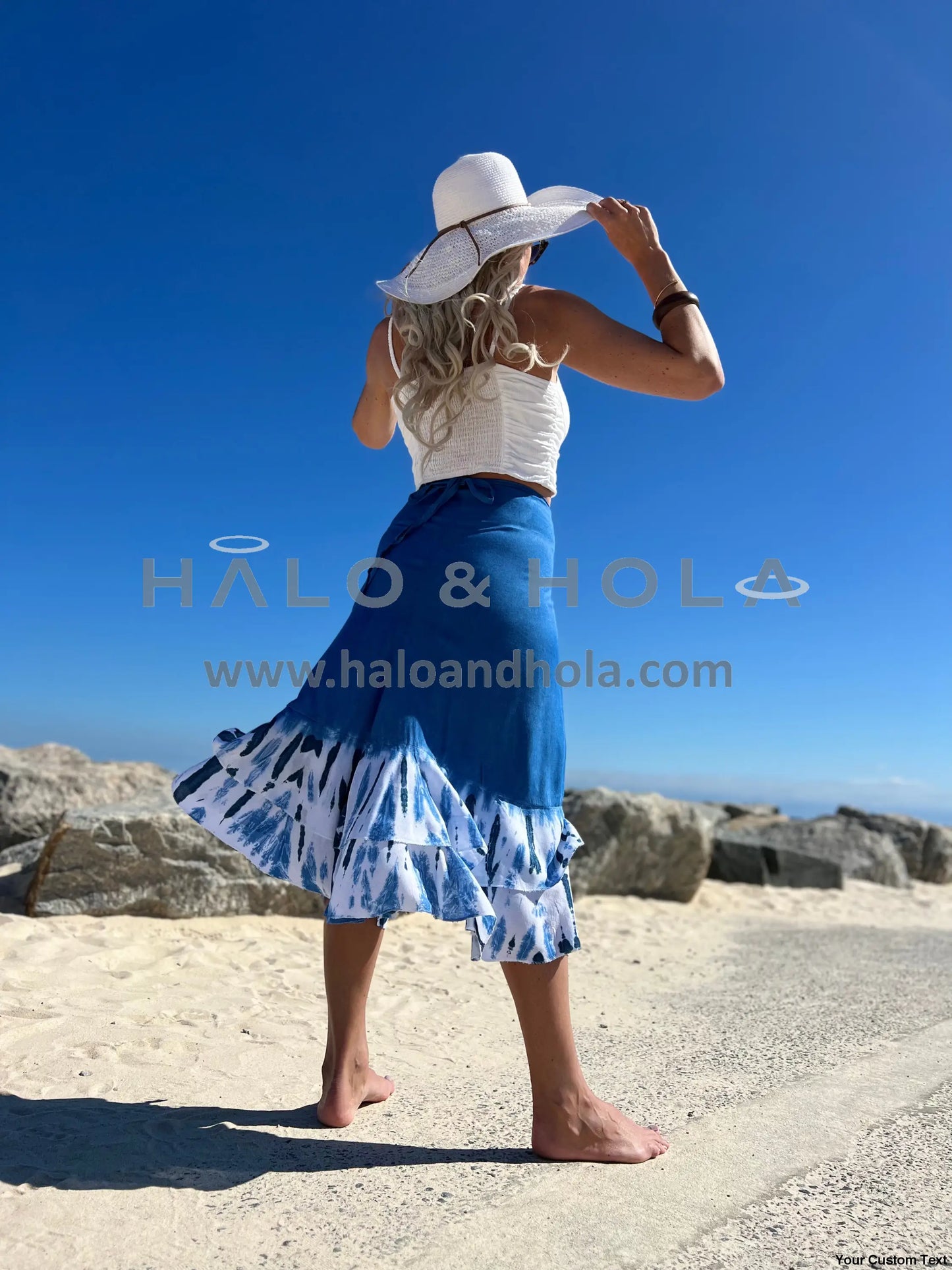 Tie-Dye Wrap Skirt With Fabric Ties At Waist In Blue Ocean And White Waves