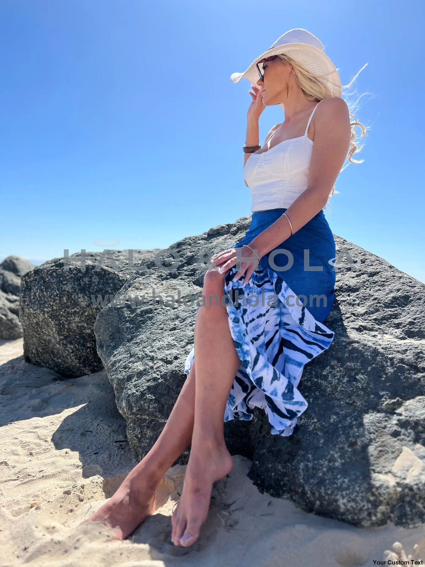 Tie-Dye Wrap Skirt With Fabric Ties At Waist In Blue Ocean And White Waves