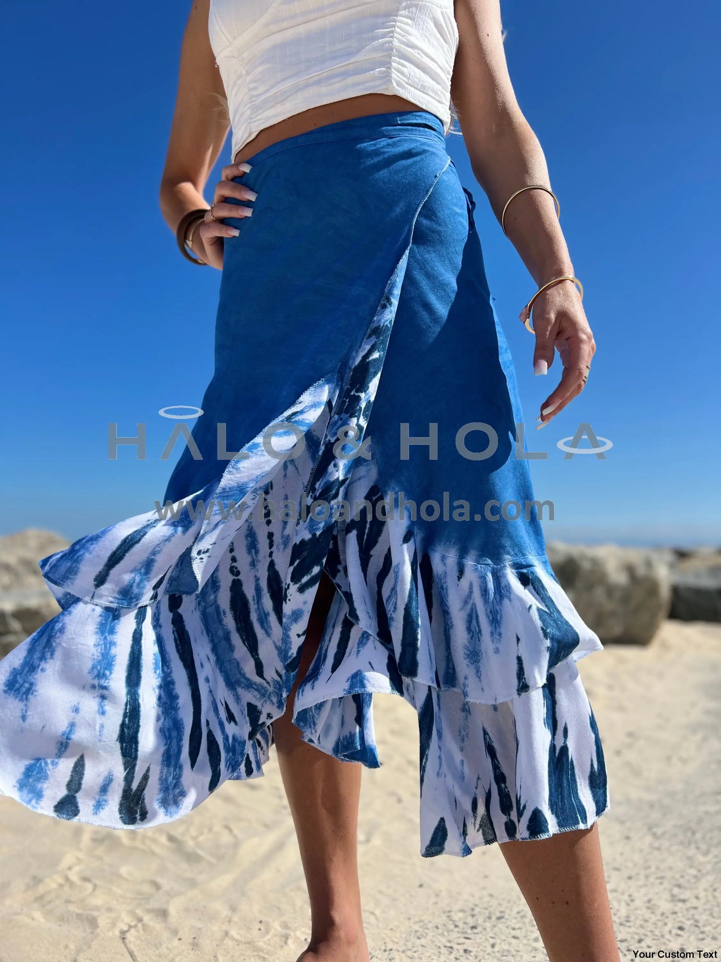 Tie-Dye Wrap Skirt With Fabric Ties At Waist In Blue Ocean And White Waves