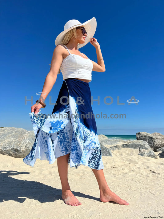 Tie-Dye Wrap Skirt With Fabric Ties At Waist In Navy Blue And Beach Waves
