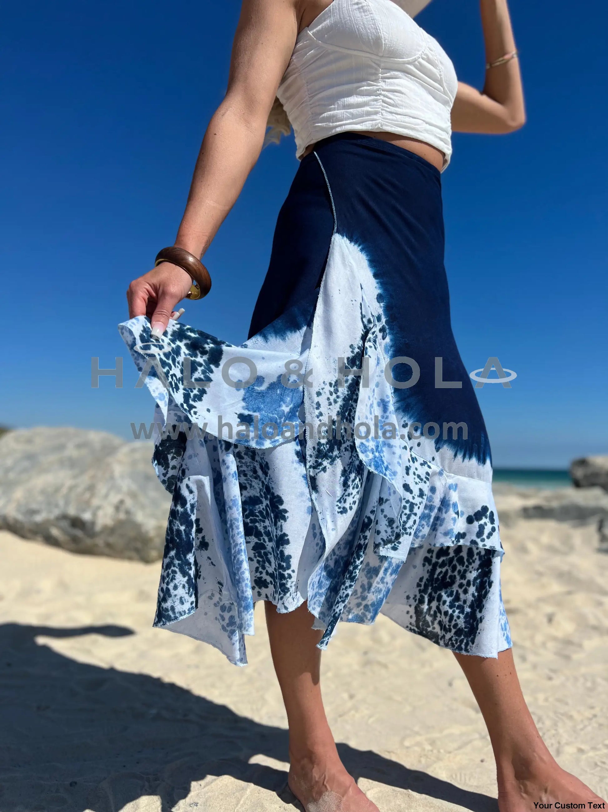 Tie-Dye Wrap Skirt With Fabric Ties At Waist In Navy Blue And Beach Waves