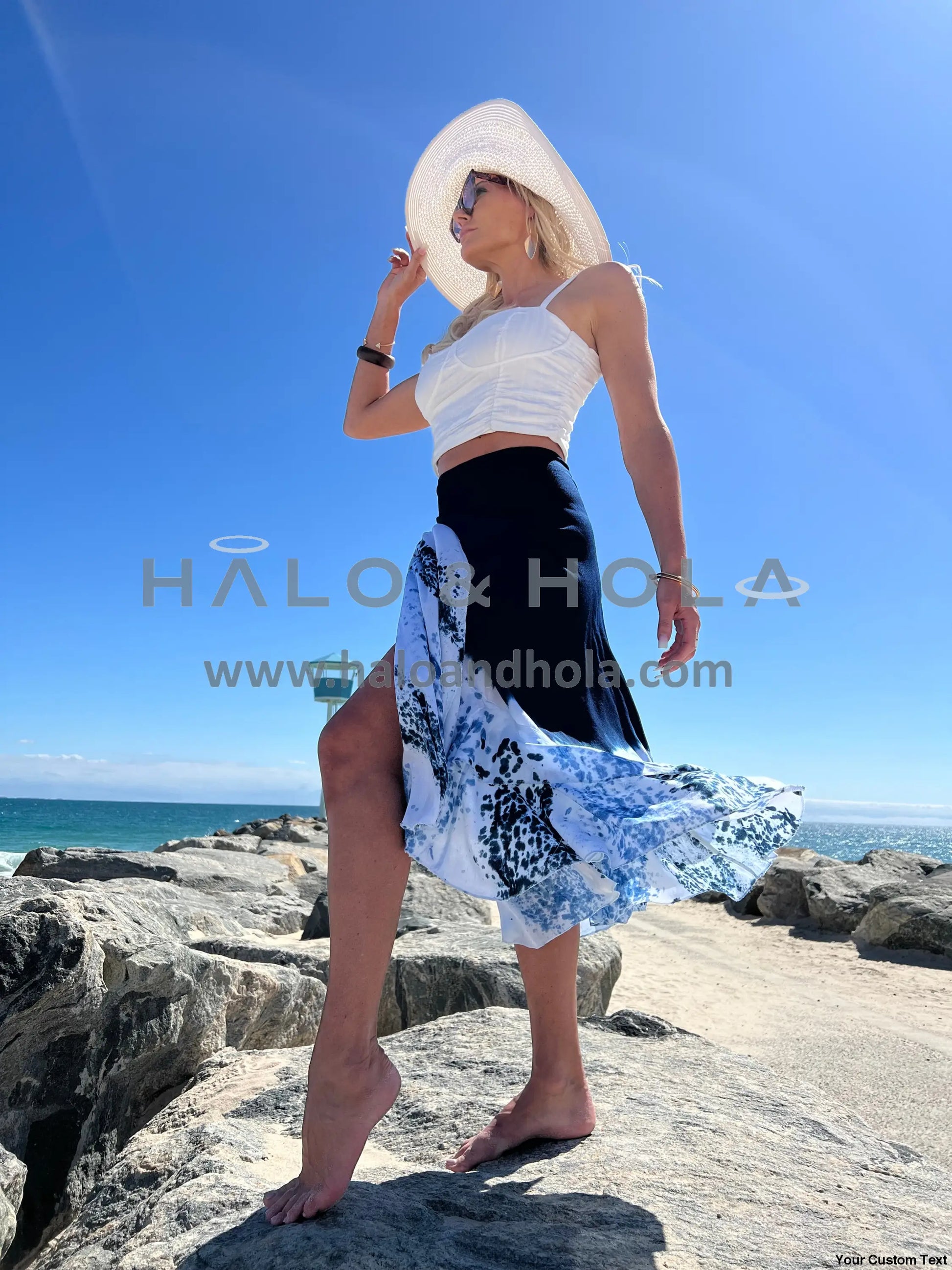 Tie-Dye Wrap Skirt With Fabric Ties At Waist In Navy Blue And Beach Waves